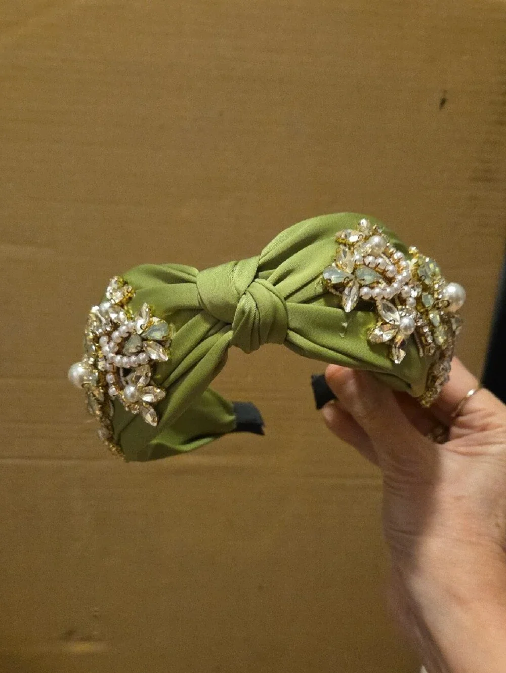 Olive Green Knotted Headband with Pearl & Crystal Embellishments